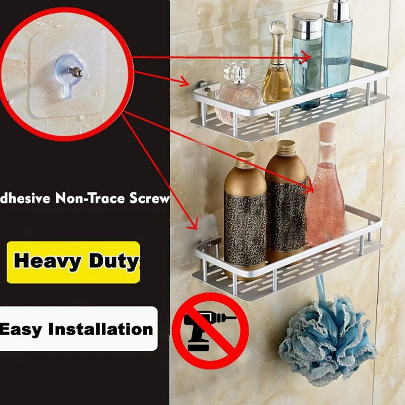 Shelf Shower Shelf Adhesive Aluminum Shower Caddy For Shampoo Holder Kitchen Rack Storage Organizer No Drilling Rectangle Wall M 4