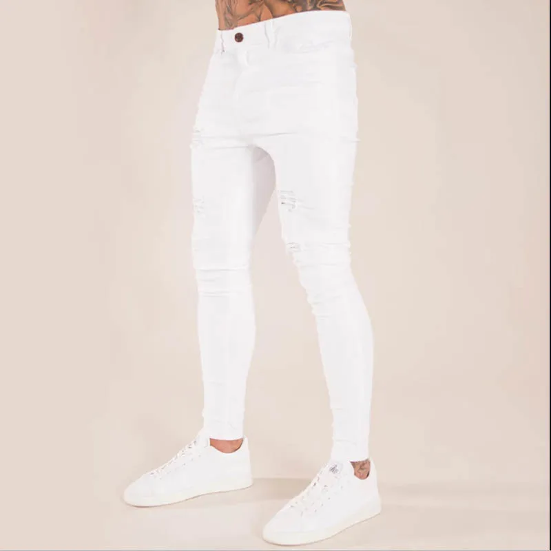 Новые облегающие мужские джинсы с дырками на коленях, хлопок, мягкая ткань, Осень-зима, Мужские штаны, растягивающиеся модные джинсы из ткани