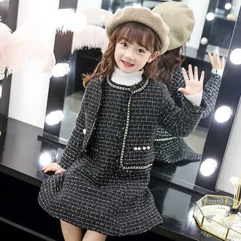

2019 autumn winter teenager girls clothing sets coat+dress 2 pieces