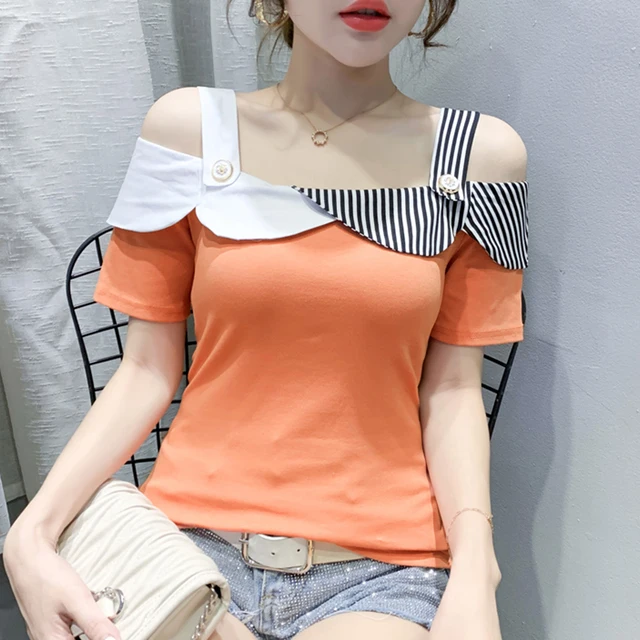 #5929 Summer Off Shoulder T-Shirts For Women Spliced Color Slash Neck Sexy T-shirt Femme Short Sleeved Basic T Shirt Woman Short Orange