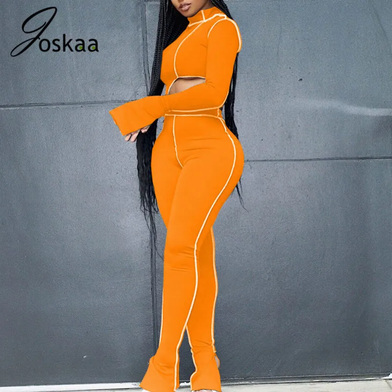 

Joskaa Winter 2 Piece Outfits Flare Sleeve Cool Line Slimming Sexy Sports Suit Women Asymmetry Tops+Sporty Legging Matching Set