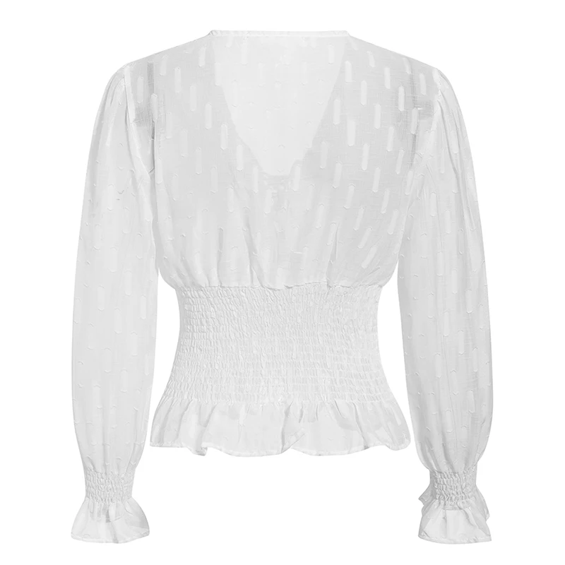 Sollinarry, прозрачная белая блузка с v-образным вырезом, женские шифоновые топы с эластичной резинкой на талии, женские блузки с оборками на осень и зиму
