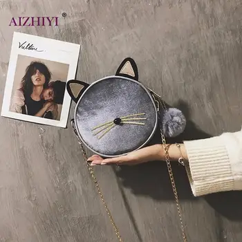 

Velvet Women Mini Round Messenger Bag Cute Cat Chain Casual Shoulder Bags Female Mini Round Handbag Ladies Crossbody Bag Bolsas
