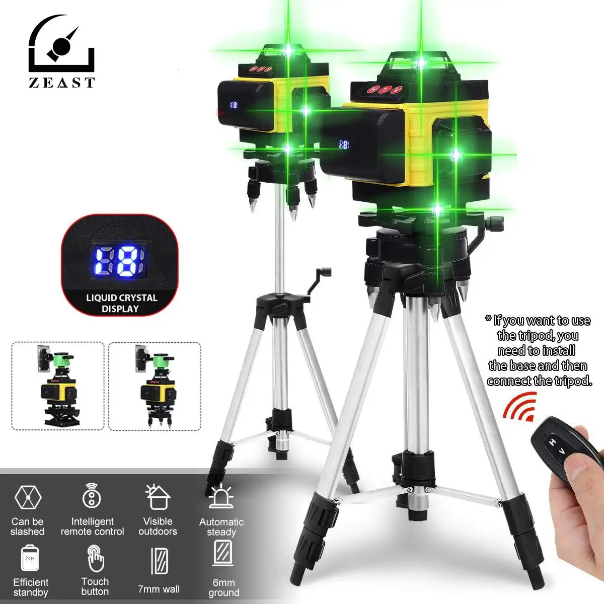 ZEAST 16 Lines 4D Laser Levels Green Self-Leveling 360 Horizontal&Vertical Powerful Green Beam Hanging with Bracket/Tripod