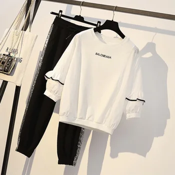 

Summer Cloth Women Large Plus Size sport suit Top And Pant Two Piece Set Sportwear Tracksuit Matching Set Black White Big outfit