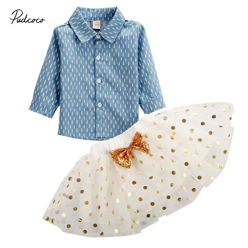 Brand Newborn Baby Girl Birthday 2Pcs Long Sleeve Tops Shirt Party Sequins Bow Tulle Skirt Dress Autumn Clothes Kids Set