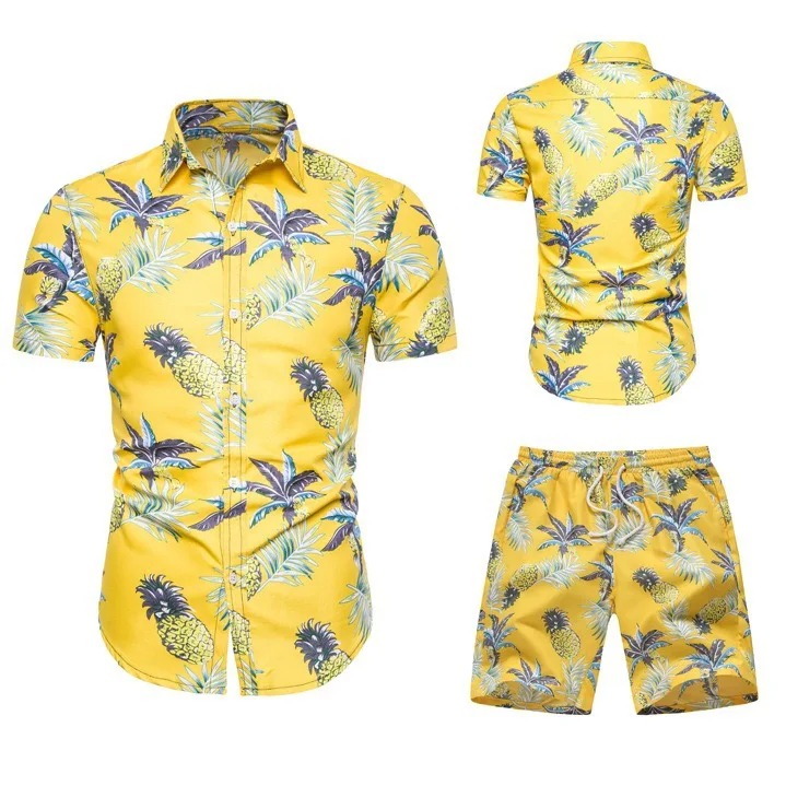 

Summer Beach Suit T-shirt And Shorts Men Hawaiian Floral Printed Couple Clothes Korean Style Casual Men's Cotton Two Piece Sets