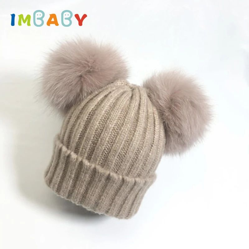 IMBABY/милая детская зимняя шапка, теплая для детей, с двойным лисьим мехом, с помпонами, вязаные шапочки, красивые модные детские шапки для мальчиков и девочек