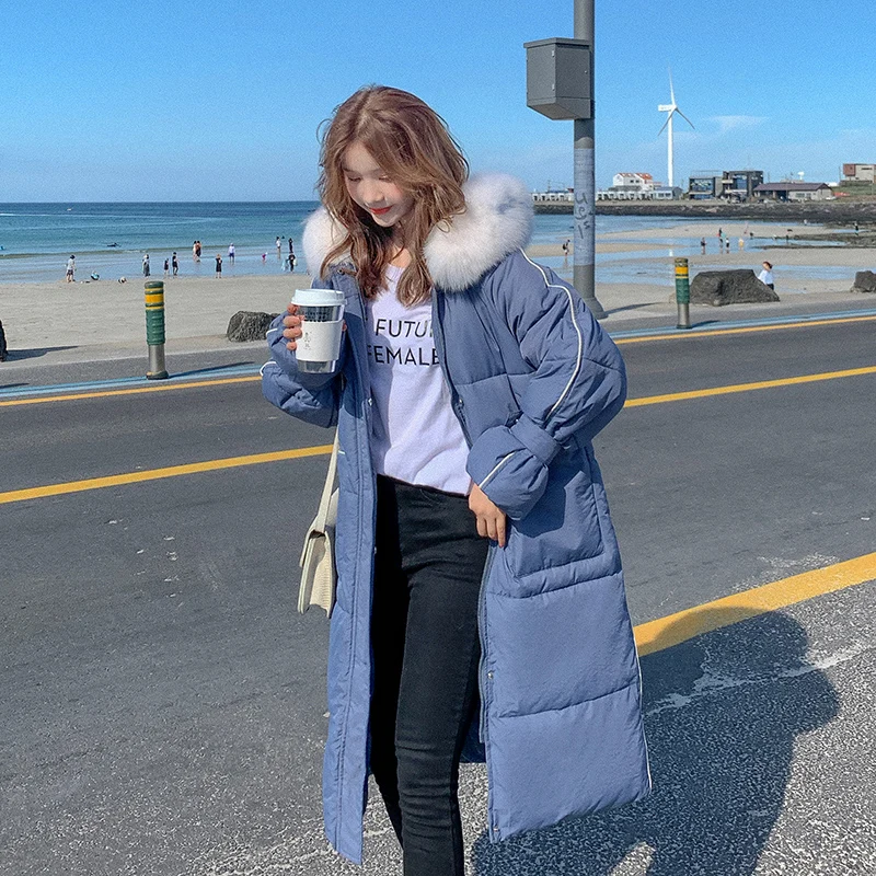 Winter Warm Long Down Jacket Women Big Fur Collar Hooded Coats Female Korean Loose Cotton Coat Women Parka Padded Jacket Tide