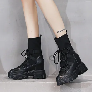 

Autumn 2020 New Fashionable Breathable Medium Tube Boot Elastic Socks Boots For Women High Heel Wedges Heel White Black Boot