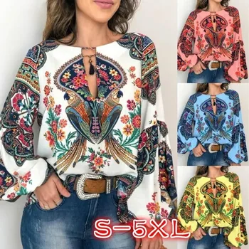 

SZMALL Newest Pop Women Long Sleeve Print Shirt Female Autumn Casual Floral Loose Blouse Lady folk-custom Style Clothes