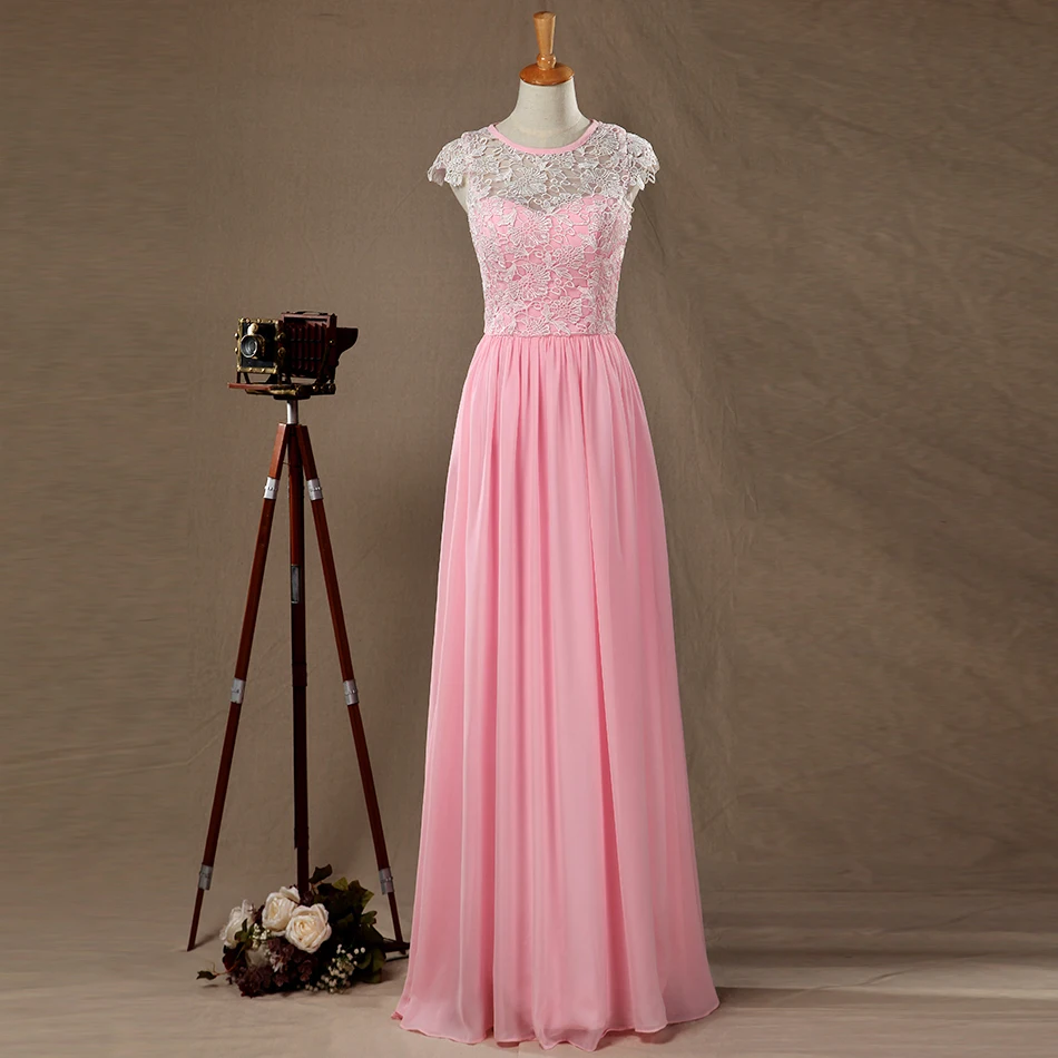

Pink Lace Top Chiffon Evening Dress Cap Sleeve A Line Floor Length robe de soiree Formal Dress O Neck abendkleider Long Gown