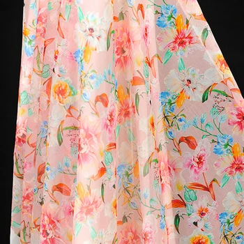 

112CM Wide 8MM Pink Blue Floral Print Thin Stretch Silk Georgette Fabric for Summer one-piece dress Shirt Clothes J229