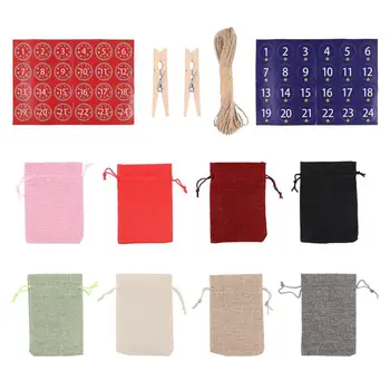 

1Set Xmas Hanging Drawstring Bags Calendar Reusable Countdown Tags Bags Clips Ropes Party Game Props Candy Pouches