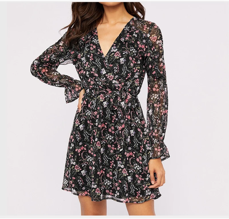 Boho Floral Print Long Sleeve Ruffle Short Dress in Boho Dresses