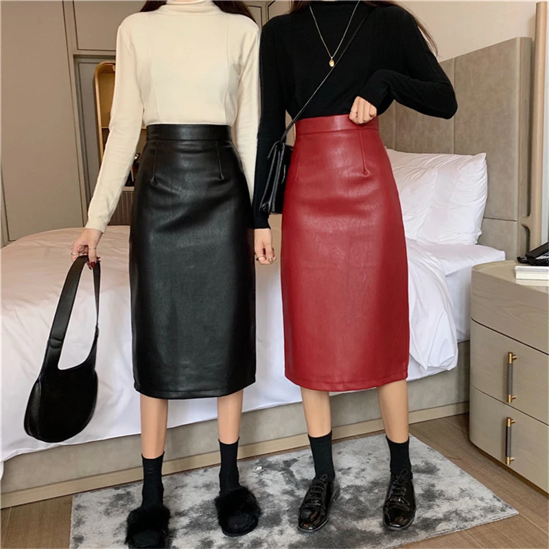BGTEEVER Vintage PU Leather Straight Skirts for Women High Waist Slit Package Hip Skirts Faux-leather Bodycon Female Skirt