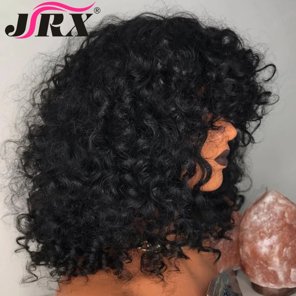 Perruque Afro Noir Naturelle 100% Cheveux Humains A Frange Bouclée Wig 35cm