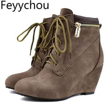 

Women Boots High Heel Round Toe Lace Up Autumn Winter Warm Wedges Ankle Flock 2019 New Sexy Fashion Black Brown Big Size 34-48