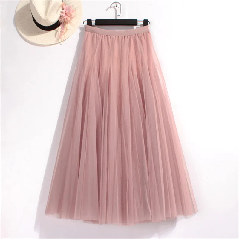 Юбки из тюля с высокой талией размера плюс, Женская длинная Плиссированная юбка, черная, розовая, элегантная юбка макси, Женская Весенняя летняя Корейская сетчатая юбка