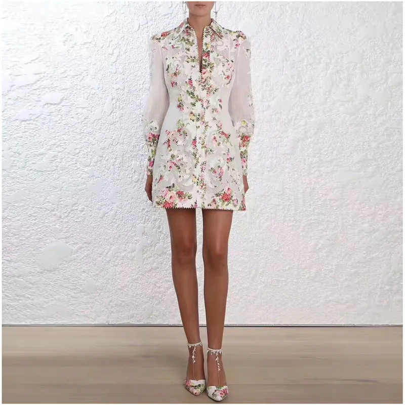 

2019 Autumn New Fashion Women Turn-down Collar Full Sleeve Floral Print Embroidery Lace Spliced Elegant Short Shirt Dress
