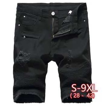 

Men's Pleated Hole Denim Shorts Cropped Pants Stretch Straight Motorcycle Pants