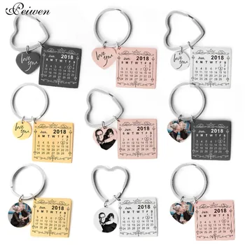 

Personalized Calendar Keychain Calendar Highlighted with Heart Date Keyring Gold Stainless Steel Private Custom Photo Text Date