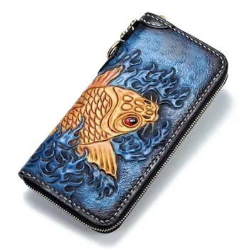

Hand Engraved Gold Fish Designer Genuine Cow Leather Men's Card Holders Long Wallet Zipper Closure Male Large Blue Clutch Purse
