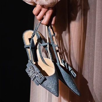 

Women Sandals Crystal Ladies Summer Shoes 2019 New Sweet Sequins Black Fashion Thin Cat Heels Pumps Pointed Toe Women Footwear