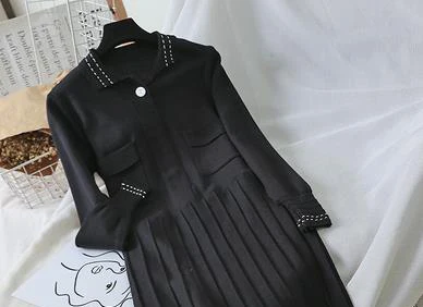 Sanishroly, осенне-зимнее женское длинное платье-свитер, ТРАПЕЦИЕВИДНОЕ вязаное платье, женское Плиссированное Платье-рубашка с длинным рукавом, Vestidos SE834 - Цвет: black length 90cm