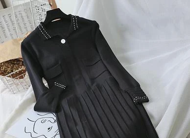 black length 90cm Sanishroly, осенне-зимнее женское длинное платье-свитер, ТРАПЕЦИЕВИДНОЕ вязаное платье, женское Плиссированное Платье-рубашка с длинным рукавом, Vestidos SE834 - Цвет: black length 90cm