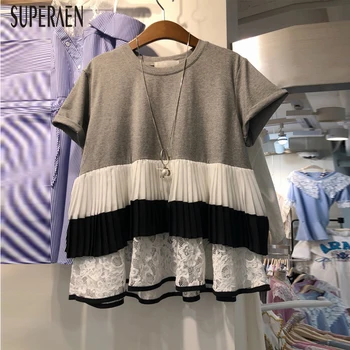 

SuperAen Korean Style T Shirts Women 2020 Summer New Wild Cotton Casual Ladies T Shirts Short Sleeve Round Collar Tops Female