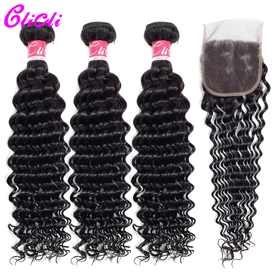 

Brazillian hair deep wave bundles with closure natural nonremy hair pre plucked 4x4 lace closures with 3 bundles bleach knots