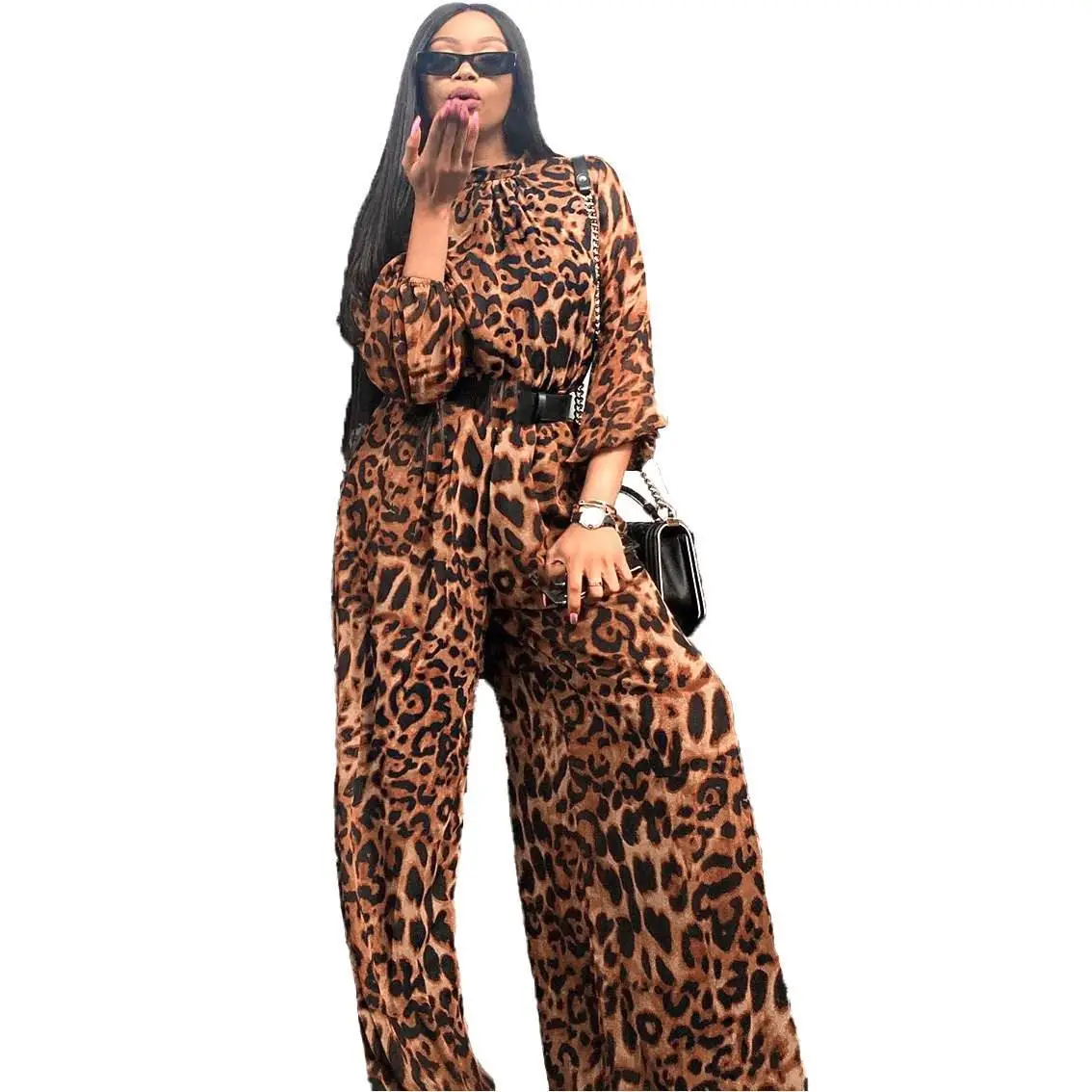 Holiday Turtleneck Sexy Leopard Print Jumpsuits Women Full Sleeve Elastic Braid Chiffon Long Jumpsuits