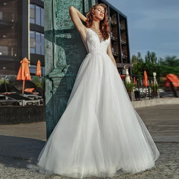 

Verngo A-line Wedding Dress Lace Appliques Wedding Gowns Elegant Flowers Bride Dress V-neck Backless Boho Wedding Dress 2020