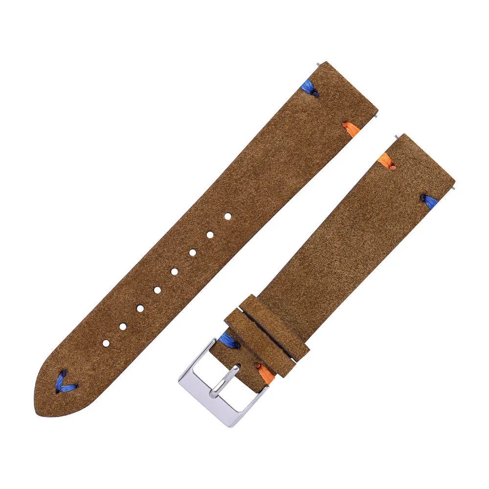 Luxurious Hand-Stitched Suede Leather Watch Straps in Beige, Green, and Blue with Quick Release