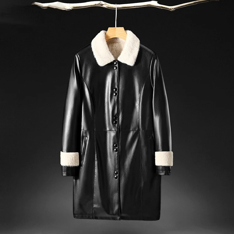 

FMFSSOM Autumn Long PU Jacket Inner Bladder Lamb Hair Coats Women Black Casual Outwear Warm Winter Single Breasted Clothes