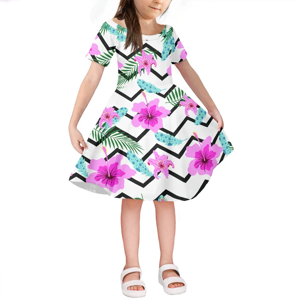 Round Neck Short Sleeve Girls Dress New Design Girls Dress Hawaii Floral Kids Girls Princess Skirt Casual Wear Children Clothes