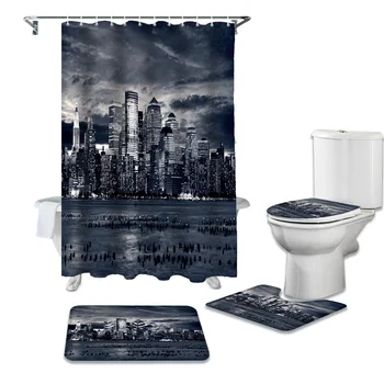 

Modern City Night Shower Curtains Set Bath Mat Set Toilet Cover Waterproof Bathroom Shower Curtain and Rug Sets