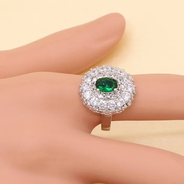 Зеленый имитированный Изумрудный Кристалл Белый Цирконий 925 серебряные свадебные комплекты украшений для женщин ожерелье кулон серьги кольцо браслет