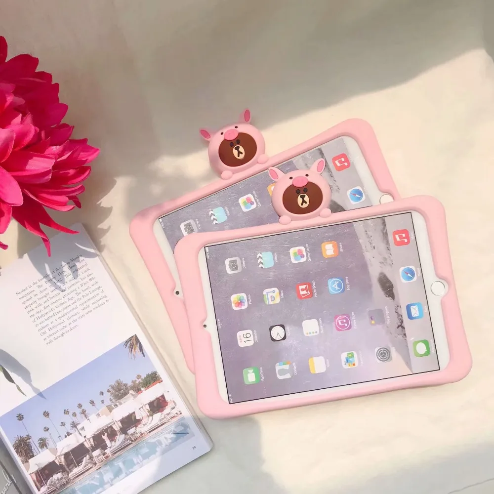 Чехол для планшета для IPad 9,7 Pro 9,7 Air 1 Air 2 Mini 1 2 3 4 Милая Розовая Свинья медведь детская мягкая силиконовая подставка чехол+ ручка