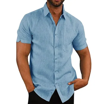 

Men Shirt 2020 New Summer Men Shirts Casual Slim Short Sleeve Pockets Beach Blouse Top Flax Camisa Masculina White Streetwear