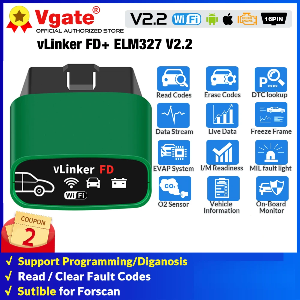 

Vgate vLinker FD+ ELM327 Bluetooth 4.0 FORScan For Ford wifi OBD2 Car Diagnostic OBD 2 Scanner J2534 Auto Tool ELM 327 V1.5
