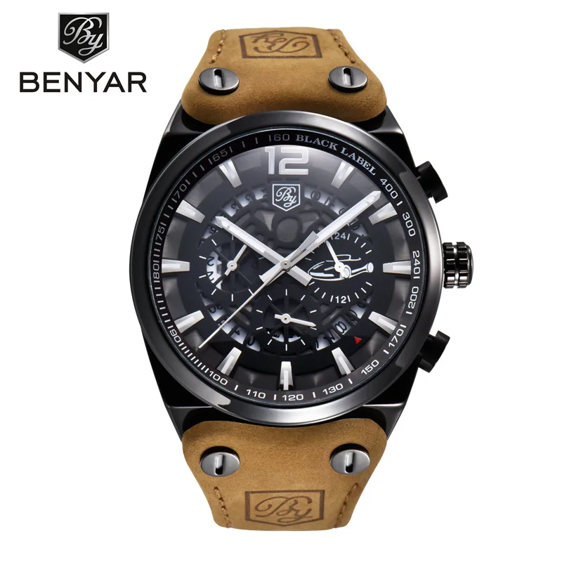 

Benyar Jacobin By-5112m Men Hands Quartz Watch Three Small Disc Leather Belt Date Stopwatch Waterproof Watch