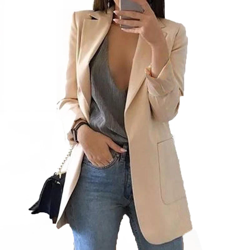 Женский однотонный блейзер с длинным рукавом и карманами|Пиджаки| |