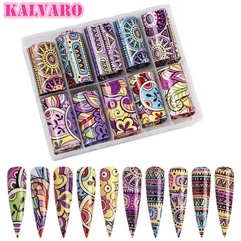 

10 Rolls 4x100CM Holographic Nail Art Transfer Foil Stickers Paper Retro Colorful Flower Adhesive Starry Nails Decoration Wraps