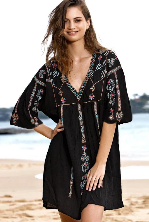 Boho Летнее женское сексуальное платье с v-образным вырезом, вышивка, короткий рукав, винтажная свободная обычная, высокая, на выход, платье, черное пляжное мини-платье