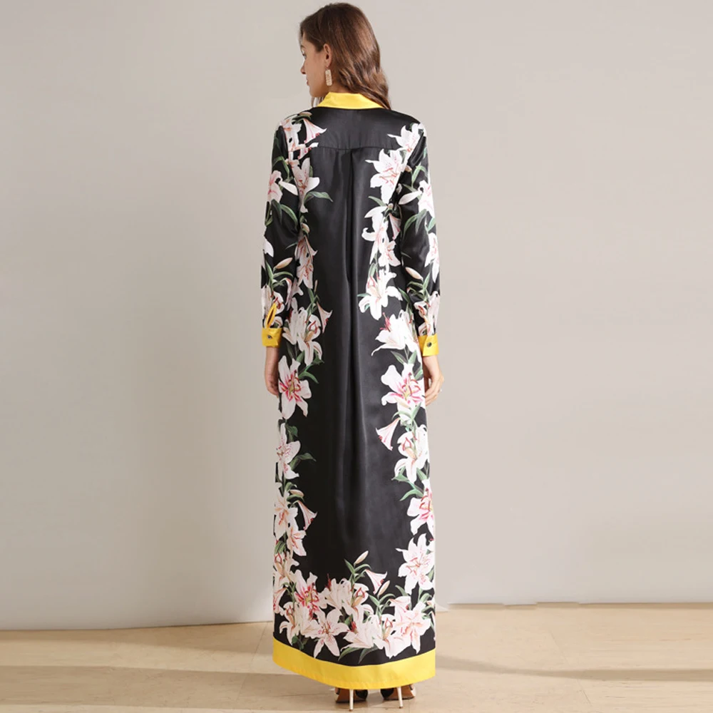 Runwaybox, осень, дизайнерское, длинное, макси, Vestidos, для женщин, длинный рукав, отложной воротник, цветочный принт, свободные платья, Robe Femme, Новинка