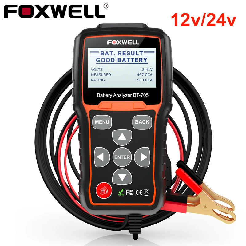 

FOXWELL BT705 12V/24V Battery Tester Cars Trucks 100-2000 CCA Battery Load Tester Cranking and Charging System Test