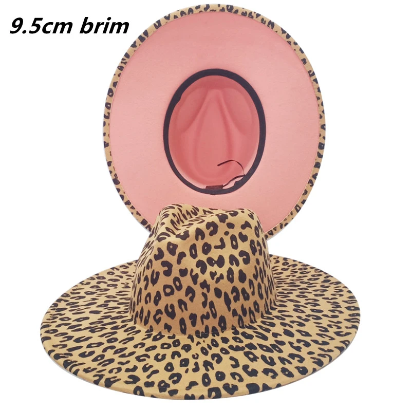 New Fedora hat inner leather pink hat 9.5cm big brim leopard pattern two-color leopard print couple hat jazz hat кепкаженская blue fedora