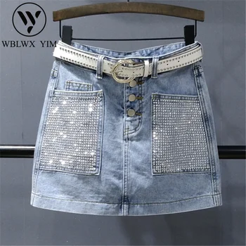 

Single breasted High waist Denim Skirt Summer Loose A-Line Mini Skirt Fashion Rhinestones Pocket Washed Jeans Short Skirts Women